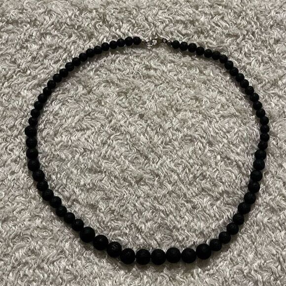 Handcrafted Matte‎ Black Lava Rock Bead Necklace Sterling Silver Clasp Unisex - Picture 1 of 6